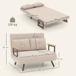 Sofá Cama Convertível 2 Lugares Dobrável com Encosto Ajustável em 5 Níveis e 2 Almofadas 102x73x81 cm Bege Claro