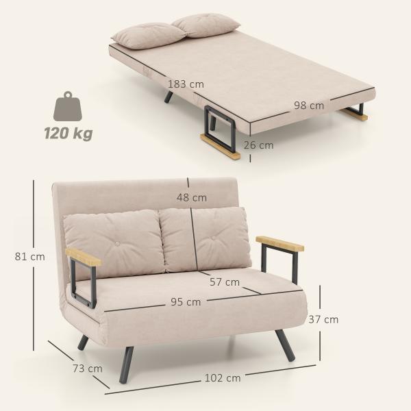 Sofá Cama Convertível 2 Lugares Dobrável com Encosto Ajustável em 5 Níveis e 2 Almofadas 102x73x81 cm Bege Claro