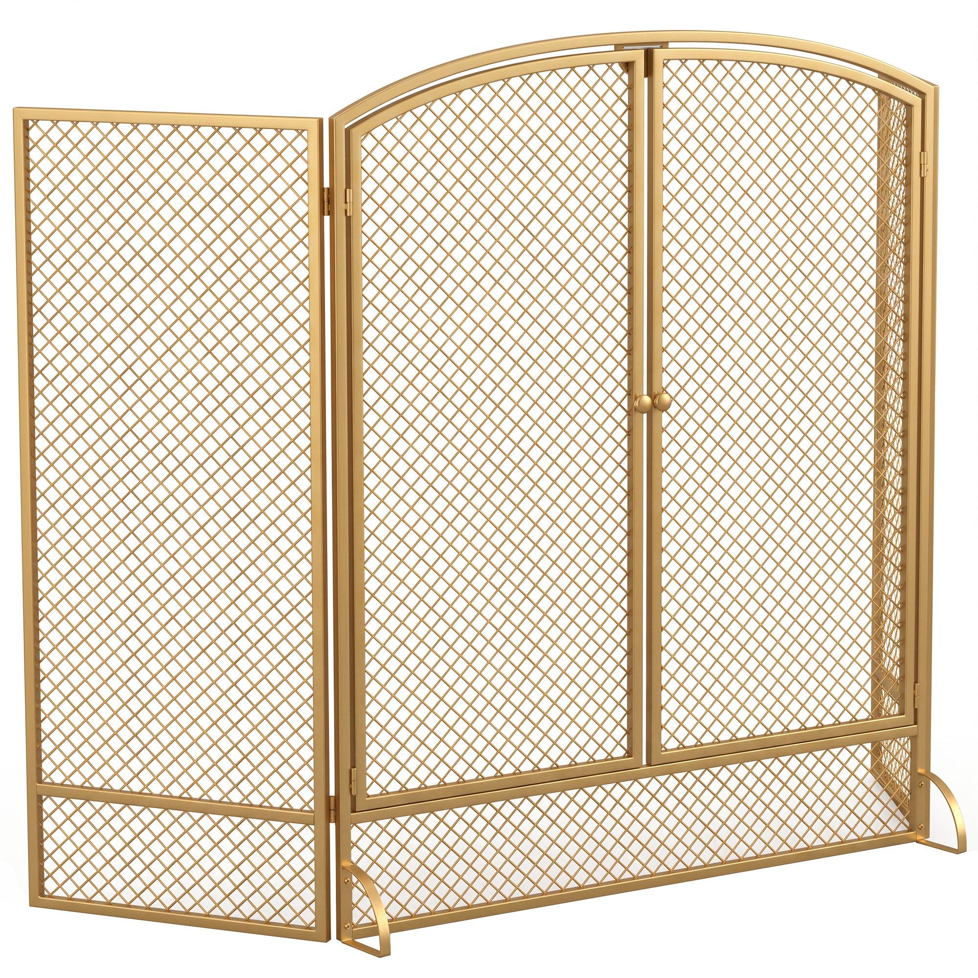 Guarda - Fagulhas para Lareira Dobrável de 3 Painéis em Metal com Porta Dupla para Casa 122x75 cm Dourado