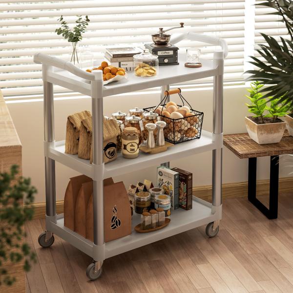 Carrinho Auxiliar com Rodas e 3 Prateleiras Carrinho de Cozinha com Armazenamento Carga 105 kg 88x44x93 cm Branco