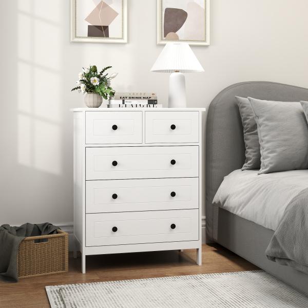 Cómoda de Dormitório com 5 Gavetas e Puxadores Cómoda Alta para Sala de Estar Estúdio Estilo Moderno 74x40x91 cm Branco