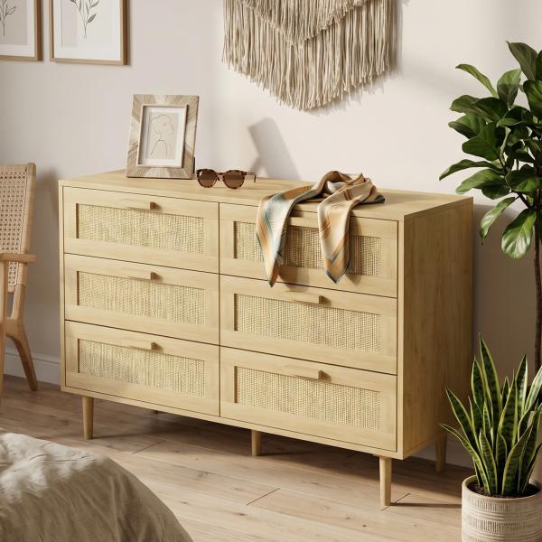 Cómoda para Quarto com 6 Gavetas e Frontal de Vime Pés de Madeira Estilo Bohemio 110x40x75 cm Madeira