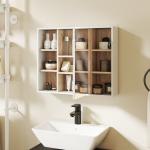 Armário de Espelho com Espaço Interno com Prateleiras Ajustáveis ​​Armário de Banheiro com Prateleiras Abertas 60x14,5x49,4 cm Branco e Carvalho