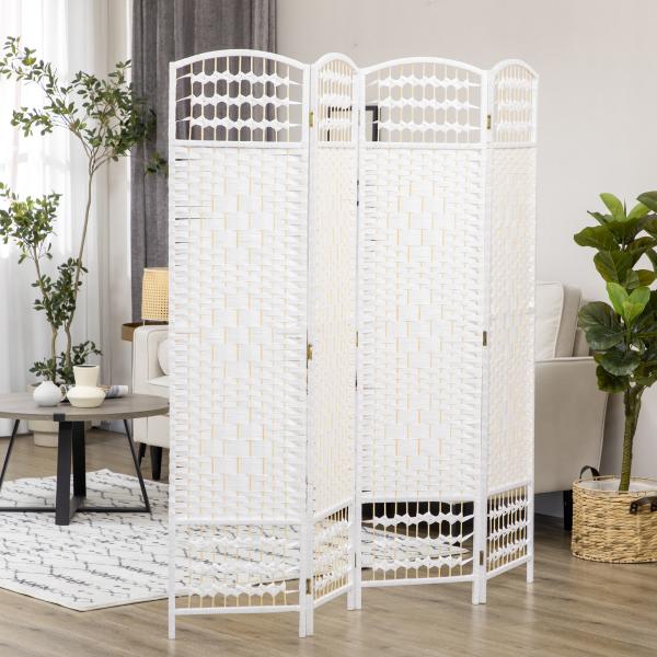 Biombo de 4 Painéis Dobrável Separador de Ambientes de Corda de Papel e Estrutura de Madeira 60x170 cm Branco