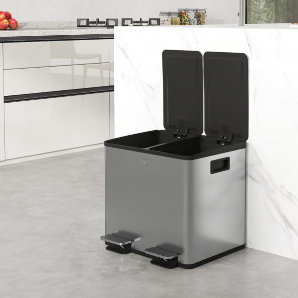 Balde de Lixo de Cozinha com 2 Compartimentos 2x15L Fechamento Suave e Rolo de 30 Bolsas de Lixo 41,7x36,6x43,2 cm Prata