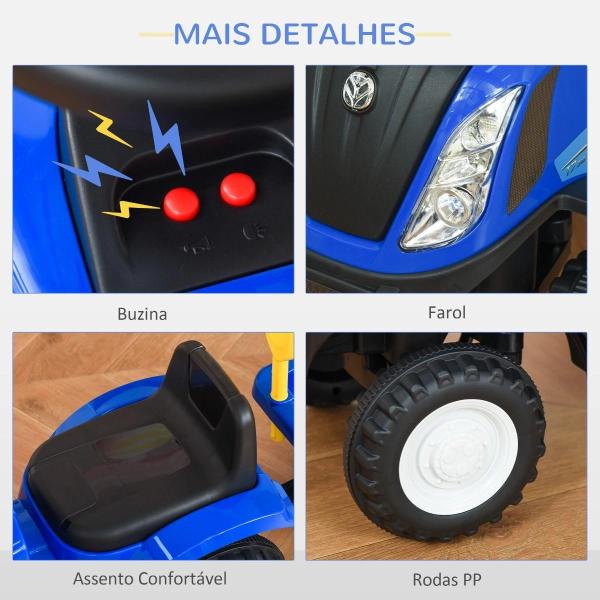 Trator para Crianças de 12 - 36 Meses com Reboque Removível Carro Andador com Buzina Farol Pá e Ancinho Carga 25kg 91x29x44cm Azul