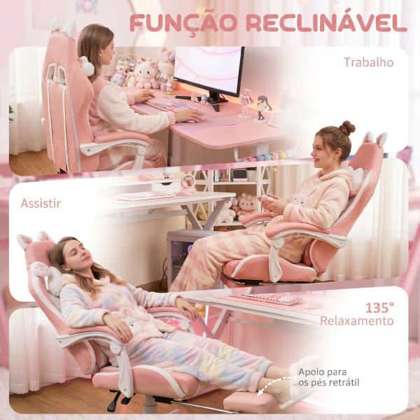 Cadeira Gaming com Orelhas Cadeira Gamer Reclinável com Altura Ajustável e Suporte Lombar 65x62x116 - 124 cm Rosa e Branco