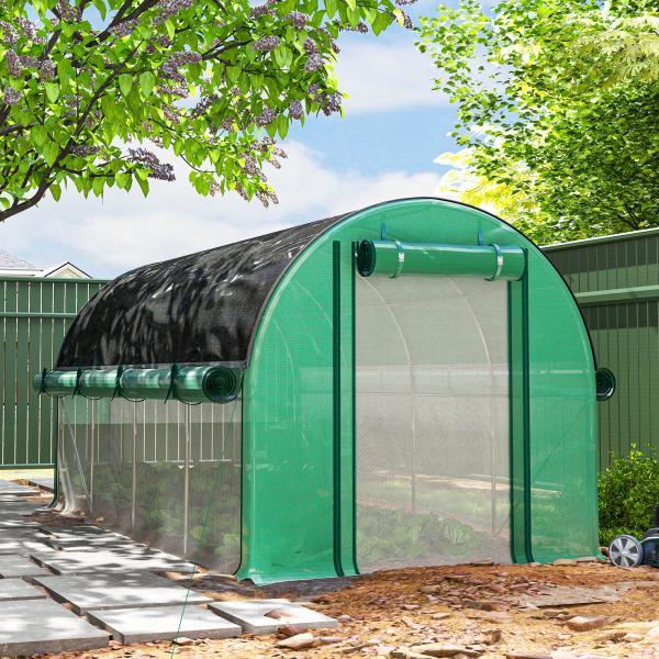 Estufa Tipo Túnel 447x200x198 cm com Paredes Laterais Enroláveis Cobertura Extra 8 Janelas de Malha e 2 Portas Verde