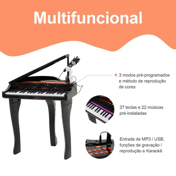 Piano para Crianças com 37 Teclas Microfone Banco Luzes 22 Músicas e Entrada para MP3 e USB 48x39x69 cm Preto