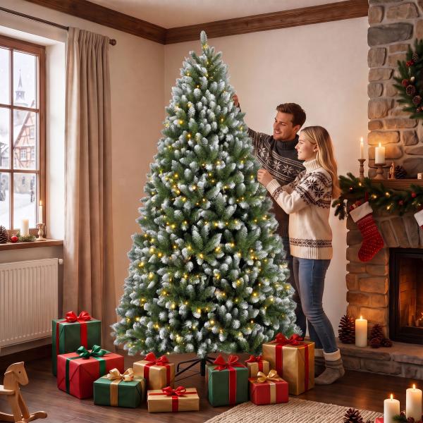 Árvore de Natal 220 cm com 400 Luzes LED, 11 Modos, Telecomando, 1378 Pontas e Base Metálica Dobrável, Verde
