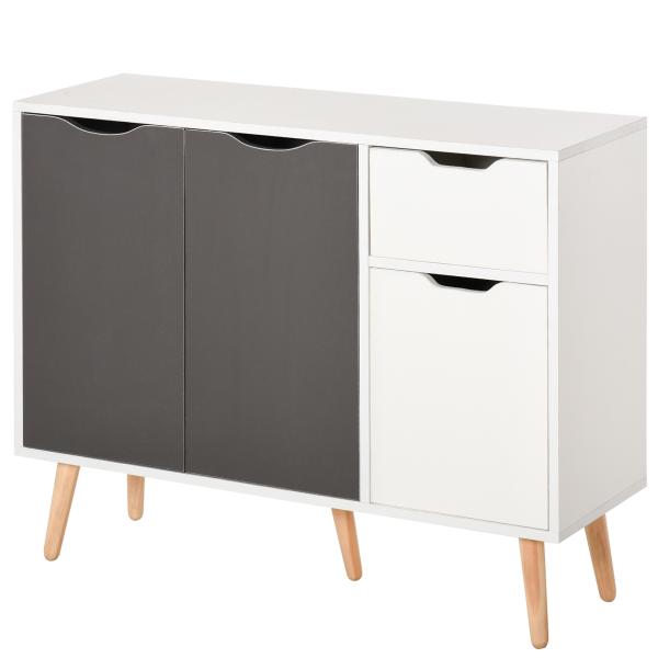 Aparador Móvel Auxiliar de Armazenamento com 2 Armários de Porta Gaveta Pés de Madeira 90x30x72 cm Cinza e Branco
