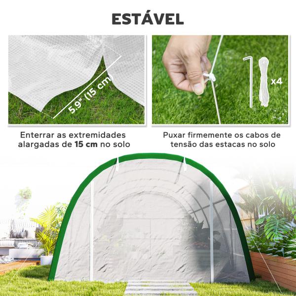 Estufa de Exterior 6x3x2 m Estufa de Túnel com Porta Enrolável 8 Janelas com Rede Cobertura PE 140g/m² Estrutura em Aço Branco