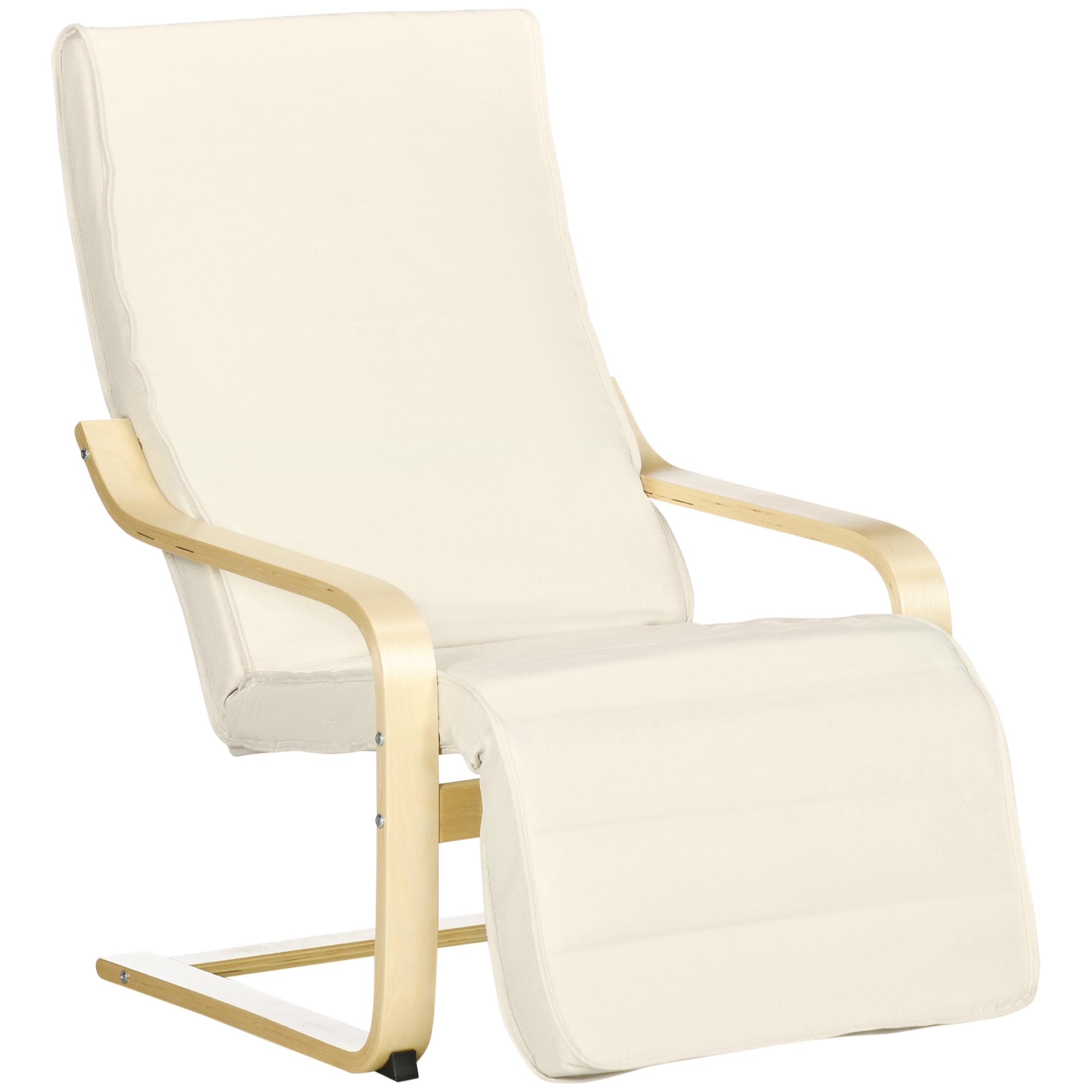 Poltrona Relax com Apoio para os Pés Ajustável Estofada em Tecido com Estrutura de Madeira 66,5x94x100 cm Creme