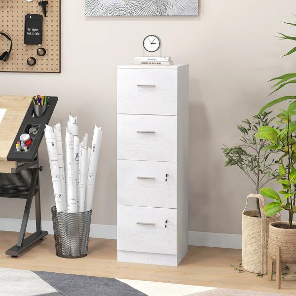 Gaveteiro de Escritório com 4 Gavetas Fechadura e Suportes Ajustáveis para Documentos A4 e Letter Branco 40x42x130,8 cm Branco
