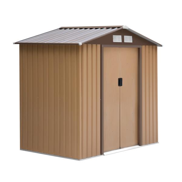 Abrigo de Jardim 213x130x185cm Abrigo de Jardim Metálico de Exterior com 2 Portas Deslizantes e 4 Janelas Marrom Claro