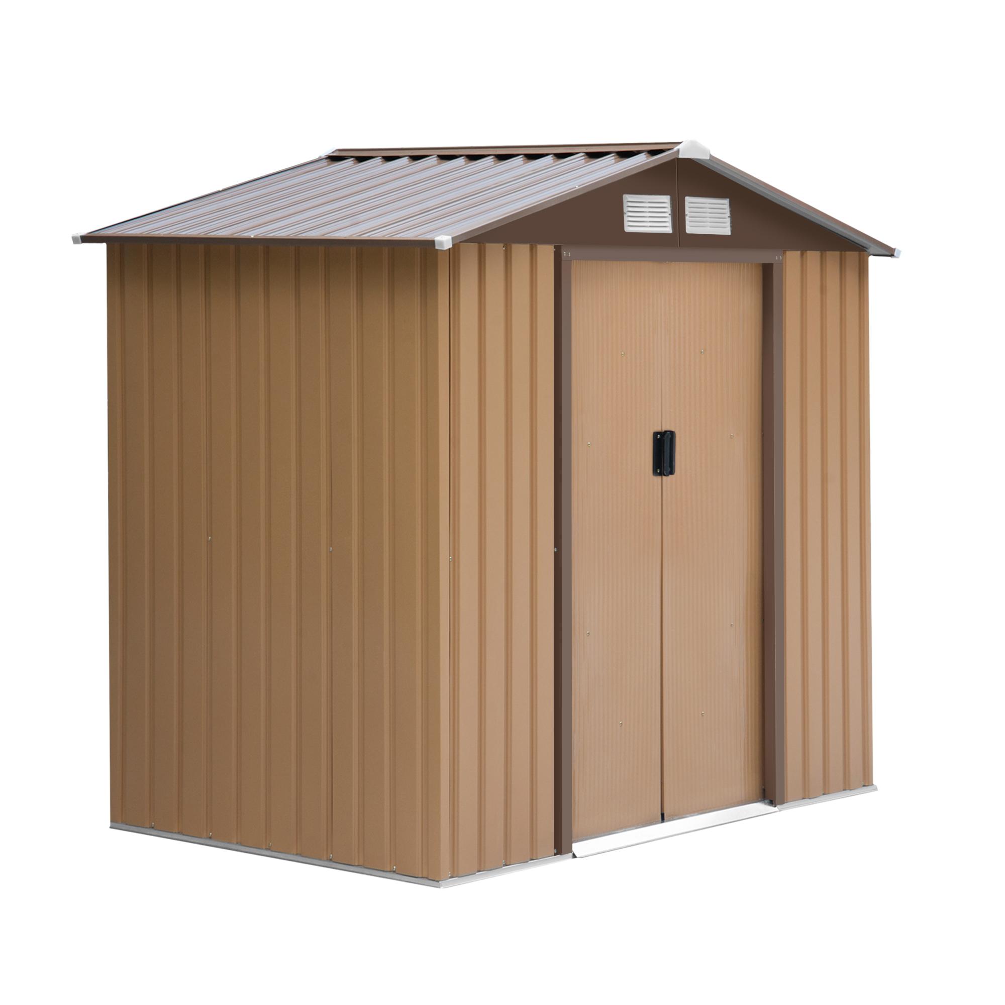 Abrigo de Jardim 213x130x185cm Abrigo de Jardim Metálico de Exterior com 2 Portas Deslizantes e 4 Janelas Marrom Claro