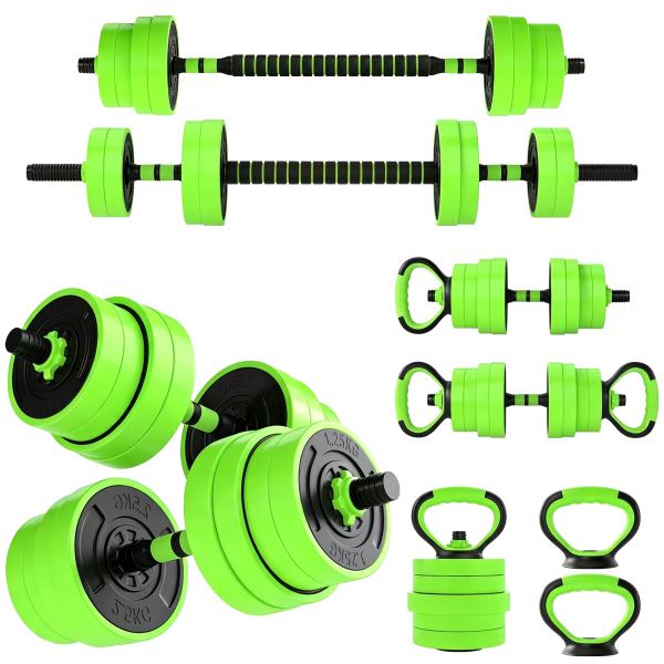Conjunto de Halteres 30 kg 4 em 1 Conjunto de Pesos com Kettlebell Barra de Pesos para Treino de Força em Casa Ginásio Verde