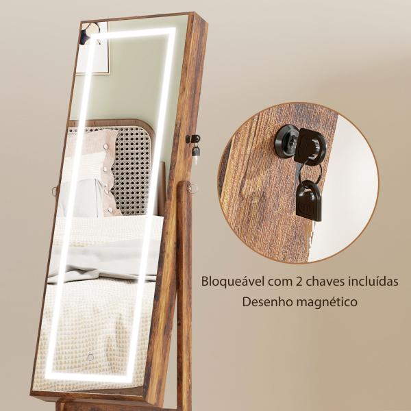 Joalheiro de Pé Armário para Jóias com Fita de Luz LED e Fechadura Magnética 46x36,5x151,5 cm Madeira