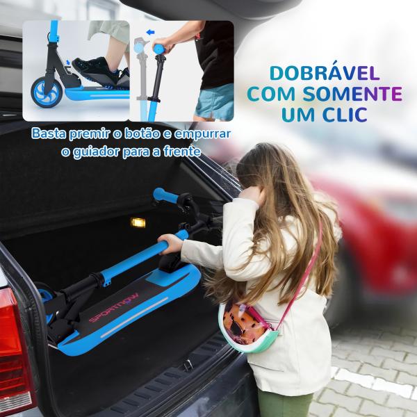 Trotinete Elétrica Dobrável para Crianças 120 W Autonomia 6 km e Máximo 10 km/h com Travão Luzes LED 74x52x83 - 87 cm Azul