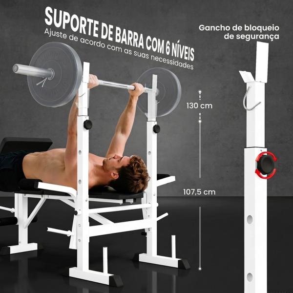 Banco de Musculação Multifuncional Inclinável com Suporte para Barra Ajustável Extensão de Pernas Curl de Predicador 180x134x113 - 136 cm Preto