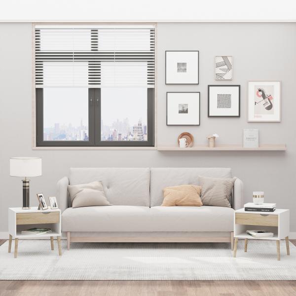 Conjunto de 2 Mesas de Cabeceira Mesa Auxiliar com 1 Gaveta e Prateleira de Armazenamento para Dormitório Sala de Estar Escritório Estilo Moderno 50x39x51cm Branco e Carvalho