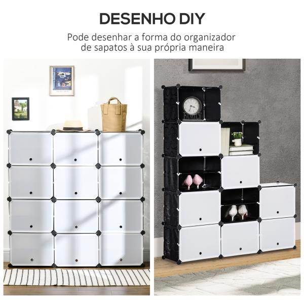 Armário Modular de Plástico Armário com 12 Cubos Organizadores de Sapatos Roupas Brinquedos 125x32x125cm Branco e Preto