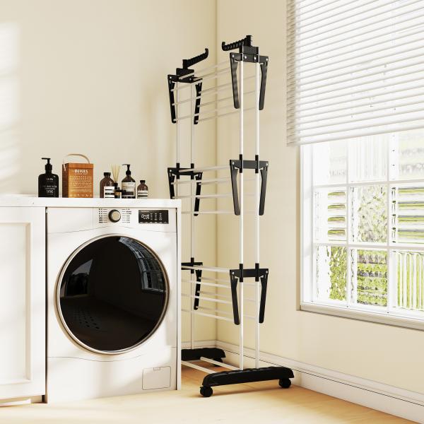Estendal Dobrável para Roupa com Rodas Estendal Vertical de Aço com 3 Níveis Laterais Dobráveis 73x64x177cm Preto e Branco