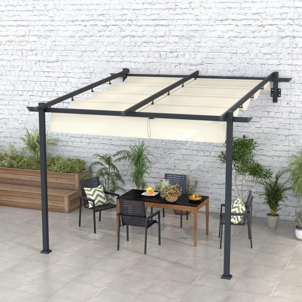 Pérgola de Parede 3x3 m Pérgola de Jardim com Teto Retrátil de Poliéster e Estrutura de Aço Creme e Cinza Escuro