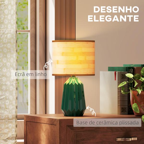 Candeeiro de Mesa com Base de Cerâmica e Ecrã de Linho Estilo Retro com Interruptor E27 40W Verde e Madeira