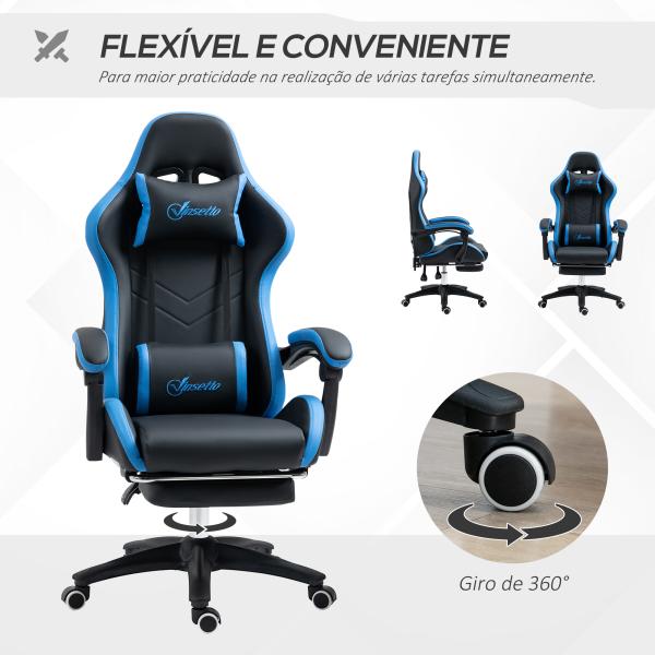 Cadeira Gaming Cadeira Gamer de Pele PU Reclinável 135° Apoio para a Cabeça e Apoio para os Pés 65x65x121 - 129 cm Preto e Azul