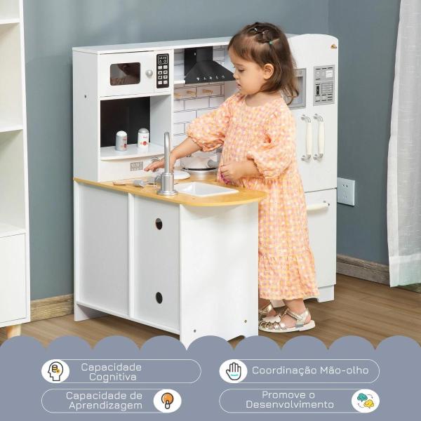 Cozinha Infantil de Madeira para Crianças de 3 - 6 Anos com Sons 14 Acessórios Cozinha Infantil com Telefone Lavatório Microondas e Grifo 82x65x87cm Branco