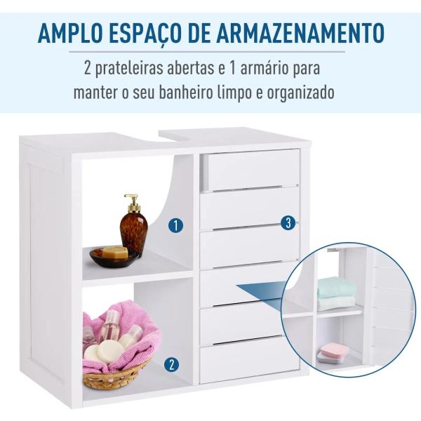Móvel para Lavatório Pousar Suspenso com 2 Prateleiras Abertas e Armário com Prateleira Ajustável 60x30x54 cm Branco