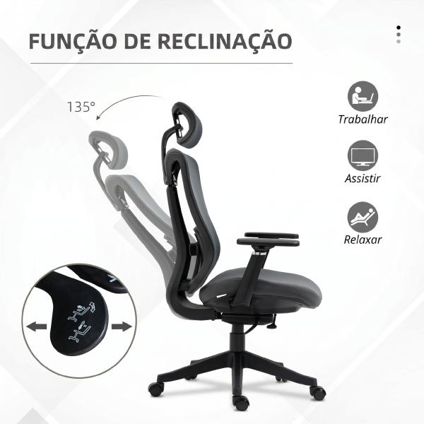 Cadeira de Escritório em Malha com Apoio de Cabeça Ajustável, Apoio Lombar e Apoios de Braços 3D, 70x66x128 cm, Cinzento