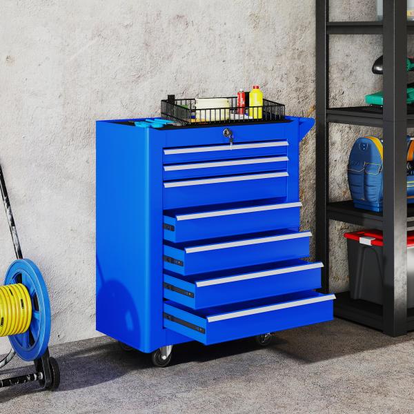 Carrinho de Ferramentas com 7 Gavetas Carrinho de Oficina com Fechadura Pega 2 Rodas com Travão 69x33x75 cm Azul
