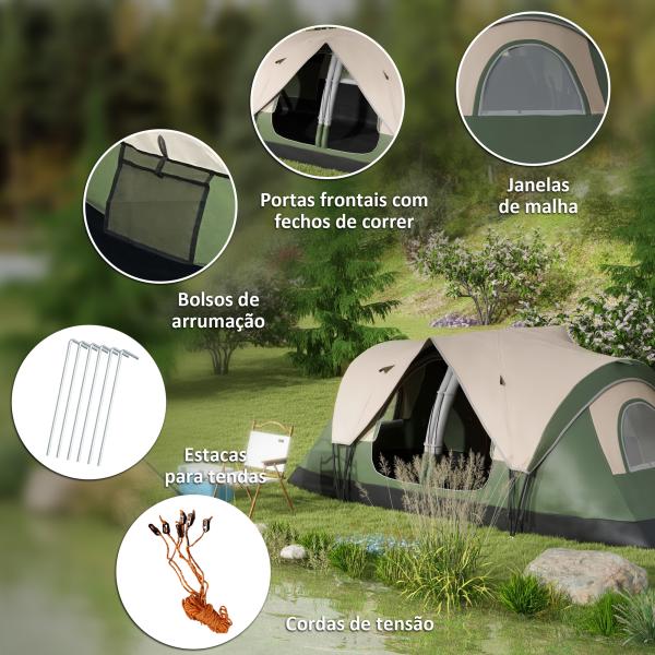 Tenda de Campismo Familiar para 5 - 6 Pessoas Dobrável com 2 Quartos e Bolsa de Transporte 450x215x180 cm Verde e Marrom
