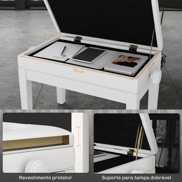 Banco de Piano com Espaço de Armazenamento e Altura Ajustável Carga 200 kg 54,5x33x48 - 58 cm Branco