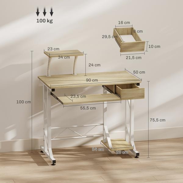 Secretária para Computador com Bandeja para Teclado e Gaveta, Mesa de Estudo para Escritório, 90x50x100 cm, Carvalho
