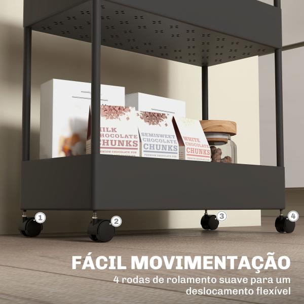 Carrinho Auxiliar com Rodas Carrinho de Armazenamento com 4 Cestas e 4 Ganchos Amovíveis 40x19x90 cm Preto