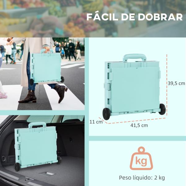 Carrinho de Armazenamento Dobrável Carrinho de Compras com 2 Rodas Capacidade 32L para Casa 41,5x32,5x85 cm Verde