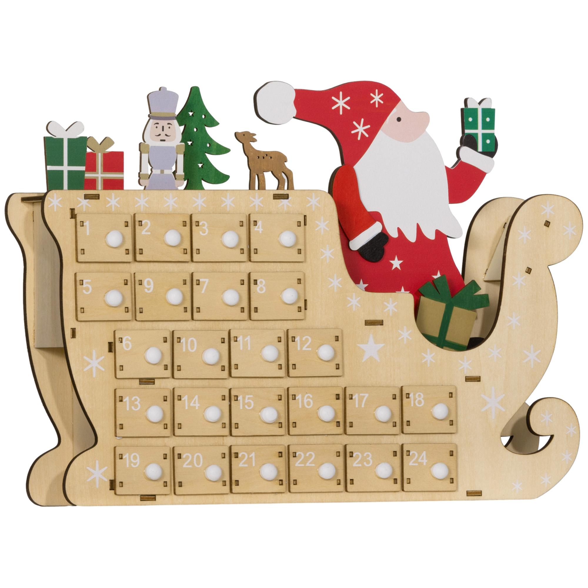 Calendário do Advento de Madeira com 24 Gavetas Decorado com Pai Natal no Trenó Decoração de Natal 22,5x8x36 cm Madeira