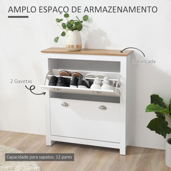 Sapateira Estreita de Entrada com 2 Gavetas Abatíveis Prateleiras Ajustáveis para 12 Pares de Sapatos 79x23x90,5 cm Branco