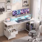 Secretária com Luzes LED, Gavetas, Tomadas, Portas USB e Suporte para Monitor, 155,5x48x88,5 cm, Branco
