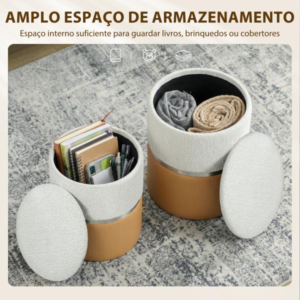 Conjunto de 2 Puffs de Armazenamento Estofados em Chenille e PU Assento Acolchoado para Entrada Quarto ou Sala Castanho e Creme