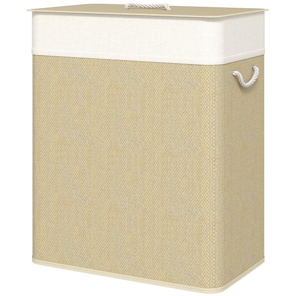 Cesto de Roupa com Tampa 100L de Bambu com 2 Compartimentos Bolsa Interior Amóvivel 52x32x63 cm Bege e Creme