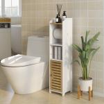 Armário Casa de Banho Moderno com Prateleiras e Suporte para Papel Higiénico 18x20x90 cm Branco e Madeira