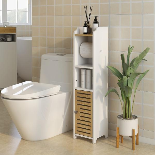 Armário Casa de Banho Moderno com Prateleiras e Suporte para Papel Higiénico 18x20x90 cm Branco e Madeira