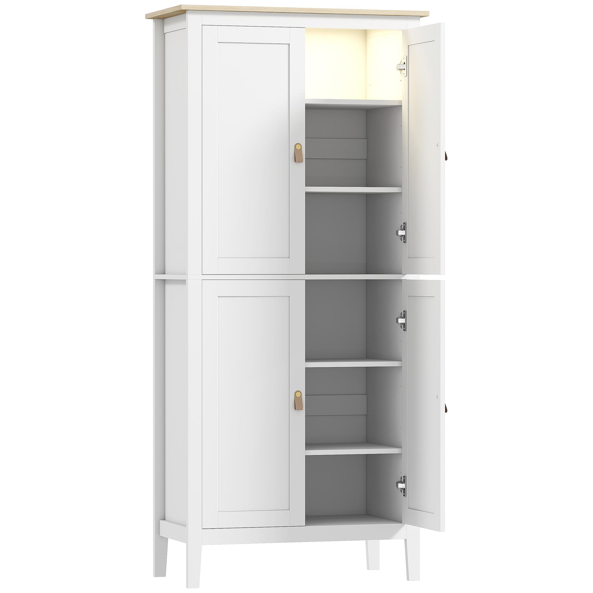 Armário de Cozinha com Luz LED Sensor de Movimento Móvel Auxiliar de Cozinha com Iluminação Regulável em 3 Cores 4 Portas e Prateleiras Ajustáveis 80x40x176,5 cm Branco