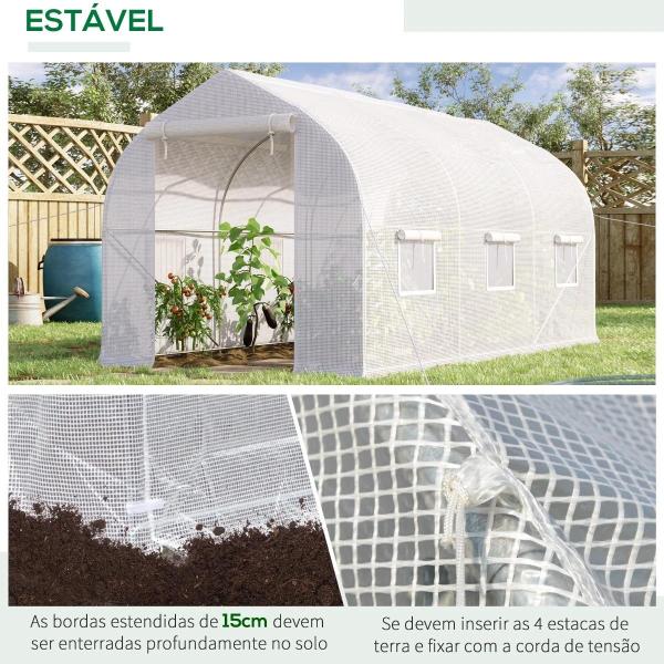 Estufa Tipo Túnel 400x200x200cm Estufa de Jardim com 6 Janelas Transpiráveis e Portas Enrolável com Zíper para Cultivo de Plantas e Verduras Branco