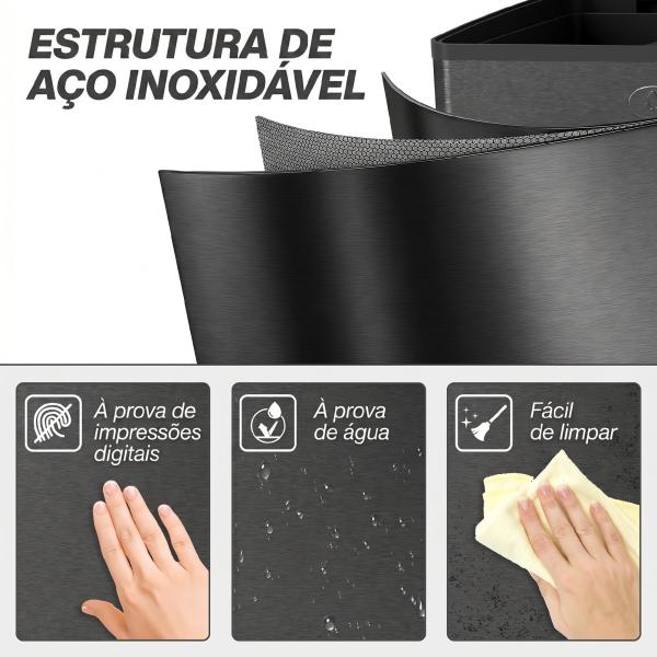 Papeleira de Cozinha em Aço Inoxidável com 2 Compartimentos 2x20L Pedal, Tampas de Fecho Suave e Balde Removível Preto