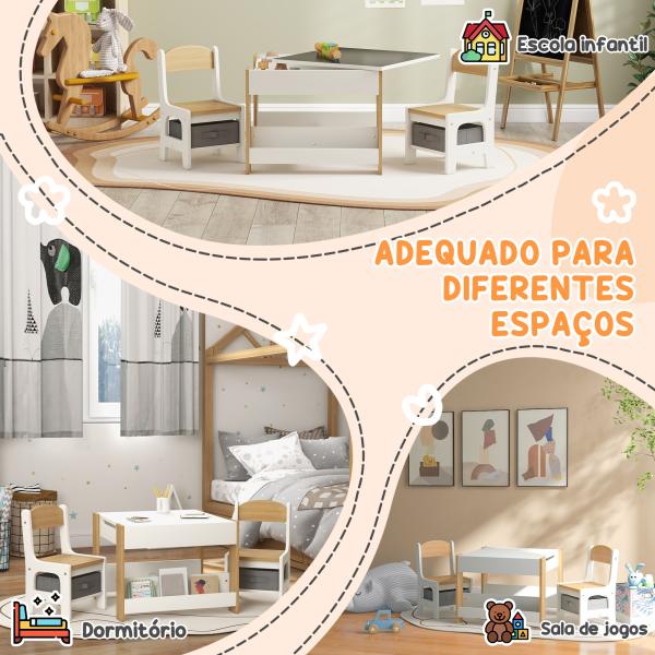 Mesas e Cadeiras Infantis Conjunto 2 em 1 com Armazenamento Mesa 61,5x61,5x48 cm Cadeiras 28,5x30,5x53 cm para Quarto Dormitório Cinza